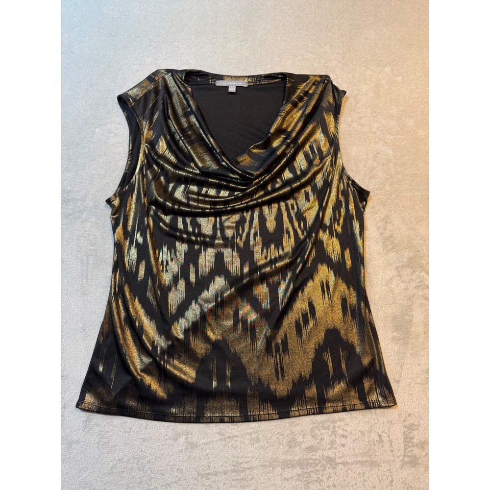 Gold Metallic Cowl Neck Sleeveless Top Black Ikat Shimmer‎ Party XNKU0905 Large